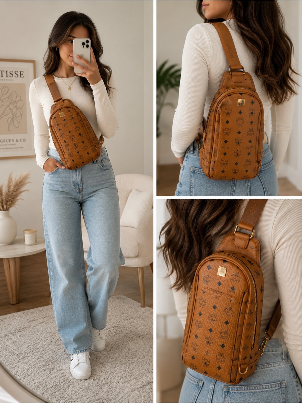 MCM Aren Visetos Sling Bag Cognac Unisex Crossbody w/ Dust Bag